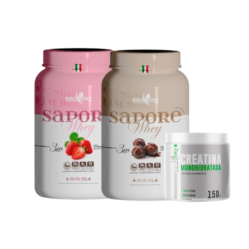 KIT WHEY PROTEIN SAPORE 3W - MORANGO E CHOCOLATE + CREATINA 100% PURA